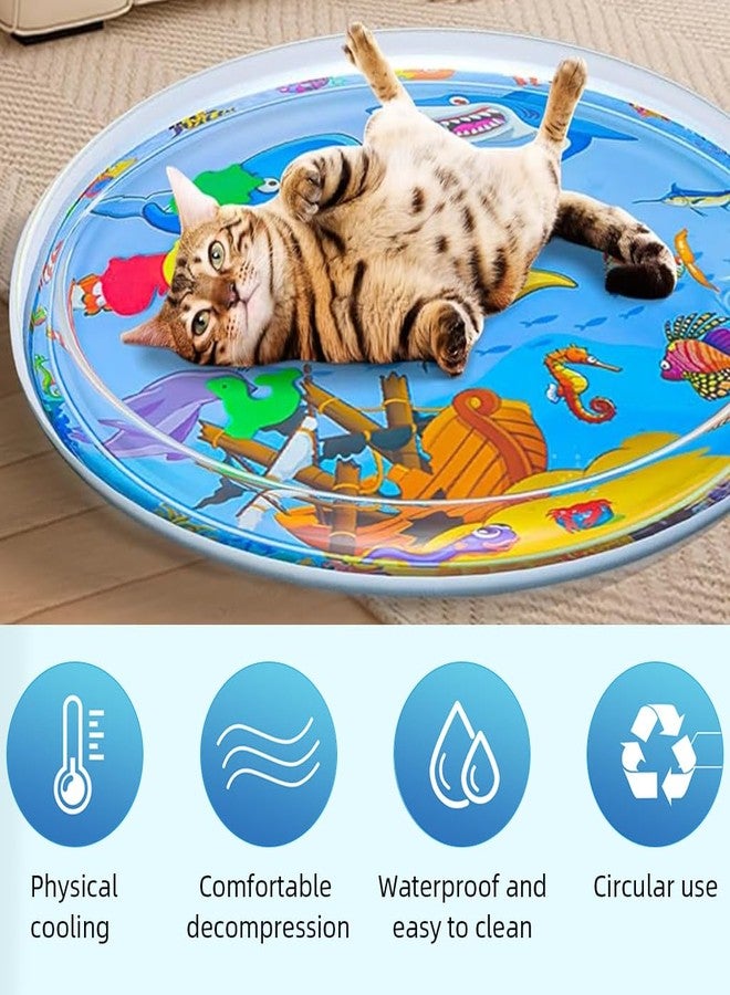 Qpets® Cat Water Bed Inflatable Water Mat with Air Pump Summer Cooling Down Bed Anti-Scratch Thicken PVC Game Mat with Built in Fish Ornaments,39.37 inches Dia - Image 5